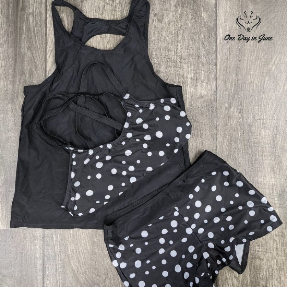 NWOT Yonique SM Black & White Polka Dot 3 Piece Tankini - Picture 4 of 16